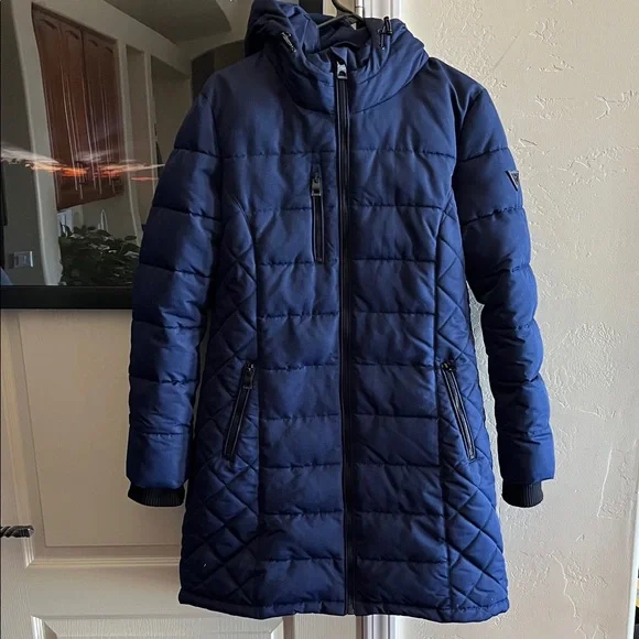 Womens Medium Guess Navy Blue Thick Long Hooded Jacket - Picture 1 of 10
